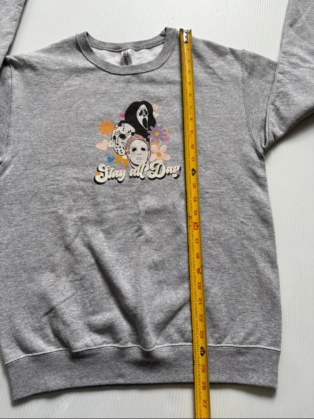 Jerzees Grey Graphic 'Slay All Day' Horror Mask Crewneck Sweatshirt.  Size small